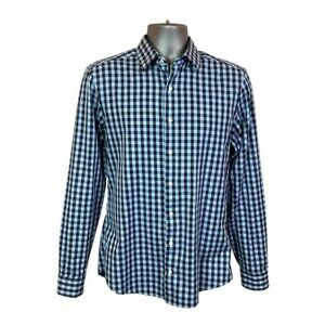 Ben Sherman Mens Blue & White Gingham Button-Up Shirt M 15-15.5 34-35 Long Sleev